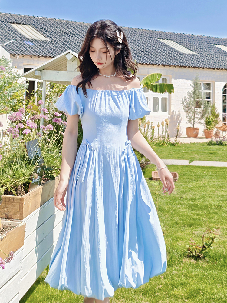 French Blue Puff Sleeve One-Shoulder Dress for Women - Unique Summer Long Dress with Gentle Temperament, Perfect for Tea Breaks and Events