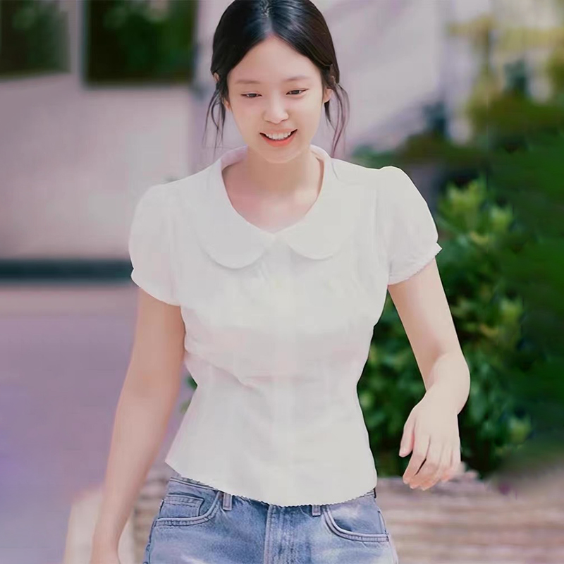 French Casual Doll Face White Shirt - Versatile Single-Breasted Waist-Cinching Elegant Top in Y2K Style French Casual Doll Face White Shirt - Versatile Single-Breasted Waist-Cinching Elegant Top in Y2K Style