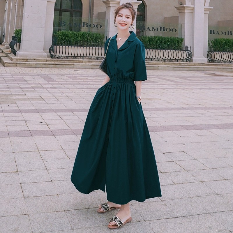 French Hepburn Style Dark Green Shirt Dress for Women - Waist-Cinching, Slimming Chiffon Long Dress, Summer 2025 Collection French Hepburn Style Dark Green Shirt Dress for Women - Waist-Cinching, Slimming Chiffon Long Dress, Summer 2025 Collection