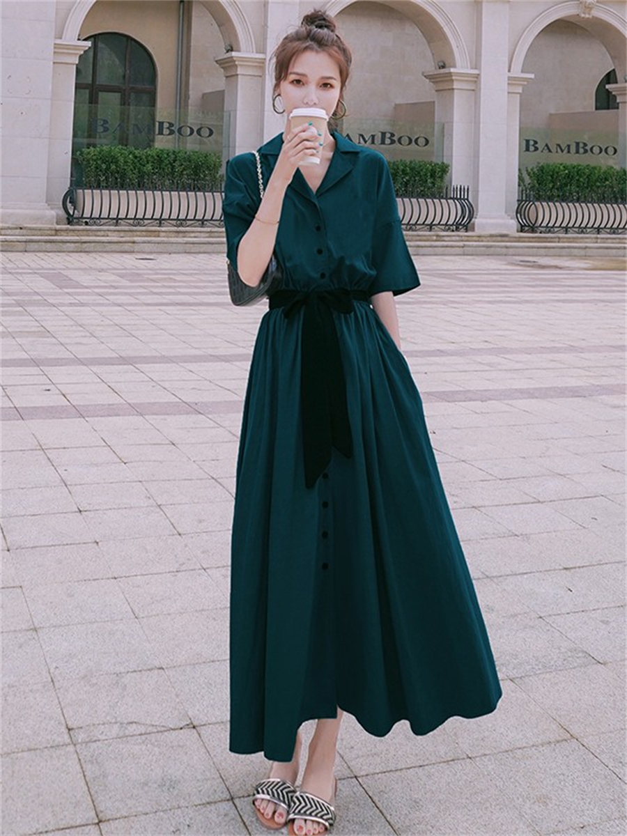 French Hepburn Style Dark Green Shirt Dress for Women - Waist-Cinching, Slimming Chiffon Long Dress, Summer 2025 Collection