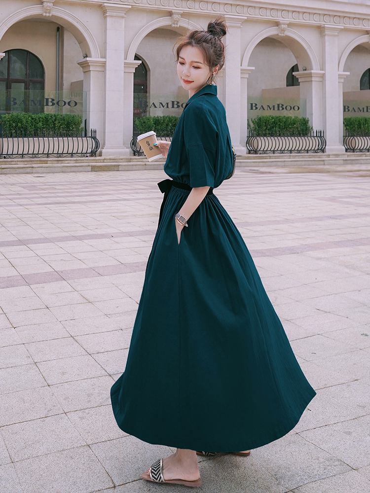 French Hepburn Style Dark Green Shirt Dress for Women - Waist-Cinching, Slimming Chiffon Long Dress, Summer 2025 Collection French Hepburn Style Dark Green Shirt Dress for Women - Waist-Cinching, Slimming Chiffon Long Dress, Summer 2025 Collection