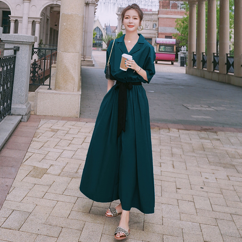 French Hepburn Style Dark Green Shirt Dress for Women - Waist-Cinching, Slimming Chiffon Long Dress, Summer 2025 Collection