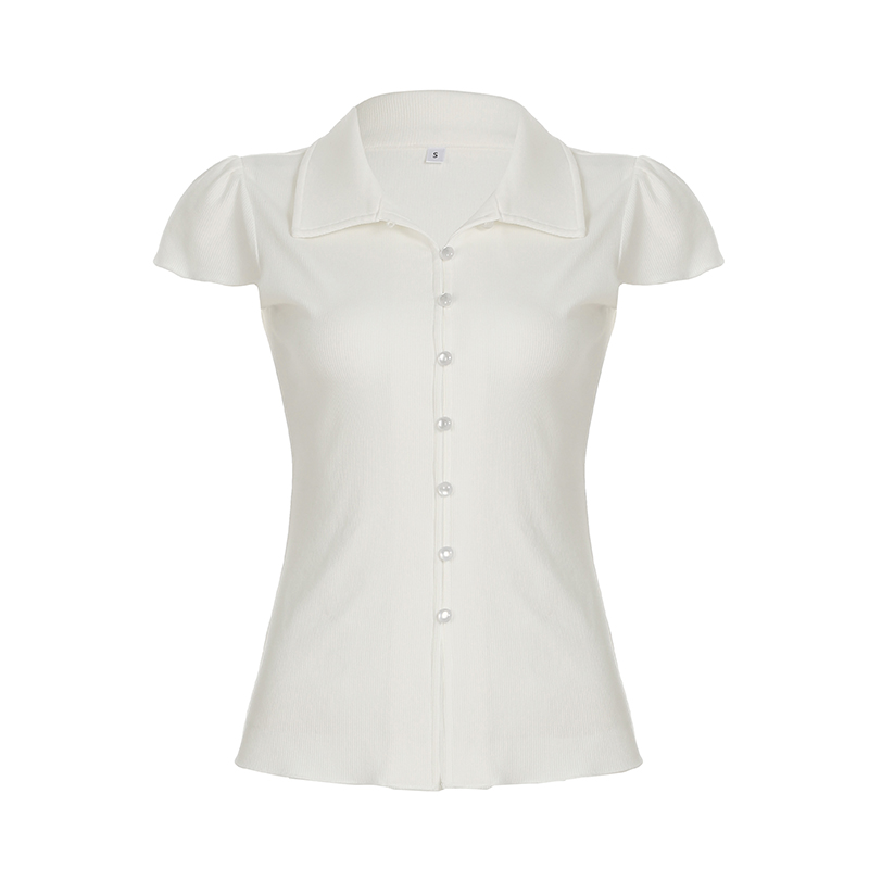 French Minimalist White Collar Pearl Button Short-Sleeve T-Shirt - Versatile Slim-Fit Split Waist Top for Effortless Style