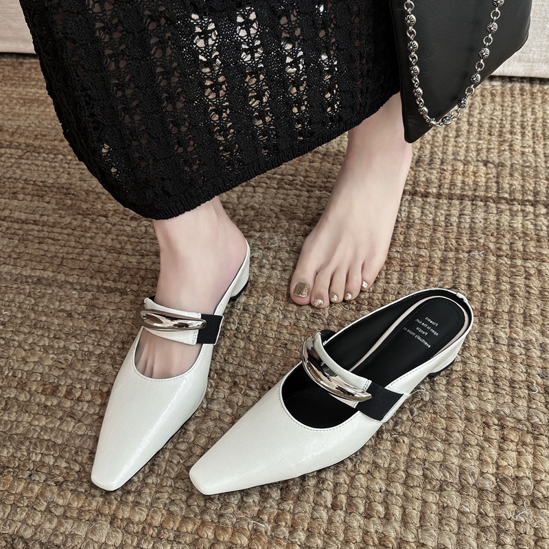 French Old Money Style Metal Buckle Mules for Women - Round Toe Half Slip-On Height-Increasing Shoes, Chic Square Toe Design