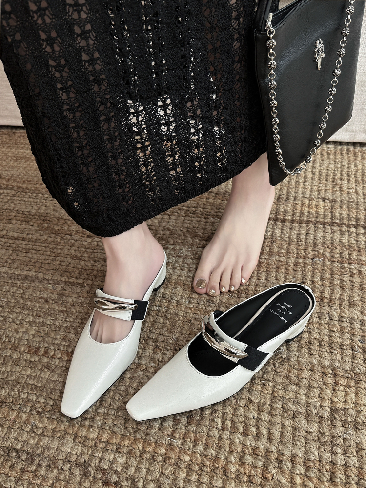 French Old Money Style Metal Buckle Mules for Women - Round Toe Half Slip-On Height-Increasing Shoes, Chic Square Toe Design