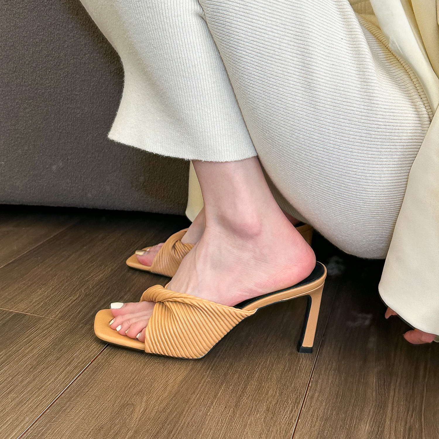 French Pleated Square Toe High Heel Sandals for Women - Summer One-Strap Design in Apricot and Black, Chic Thin Heels French Pleated Square Toe High Heel Sandals for Women - Summer One-Strap Design in Apricot and Black, Chic Thin Heels