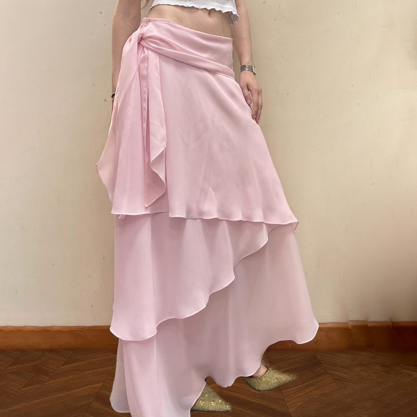 French Romantic Pink Low-Waist Irregular Ruffled Hem Bodycon Skirt - 90s Inspired Girl Style with Drape Quality