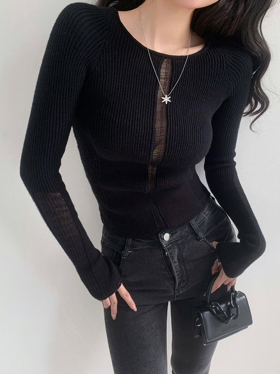 French Round Neck Hollow Out Ribbed Slim Fit Long Sleeve Knitted Top - Sexy Y2K Style Base Layer for Effortless Chic Looks French Round Neck Hollow Out Ribbed Slim Fit Long Sleeve Knitted Top - Sexy Y2K Style Base Layer for Effortless Chic Looks