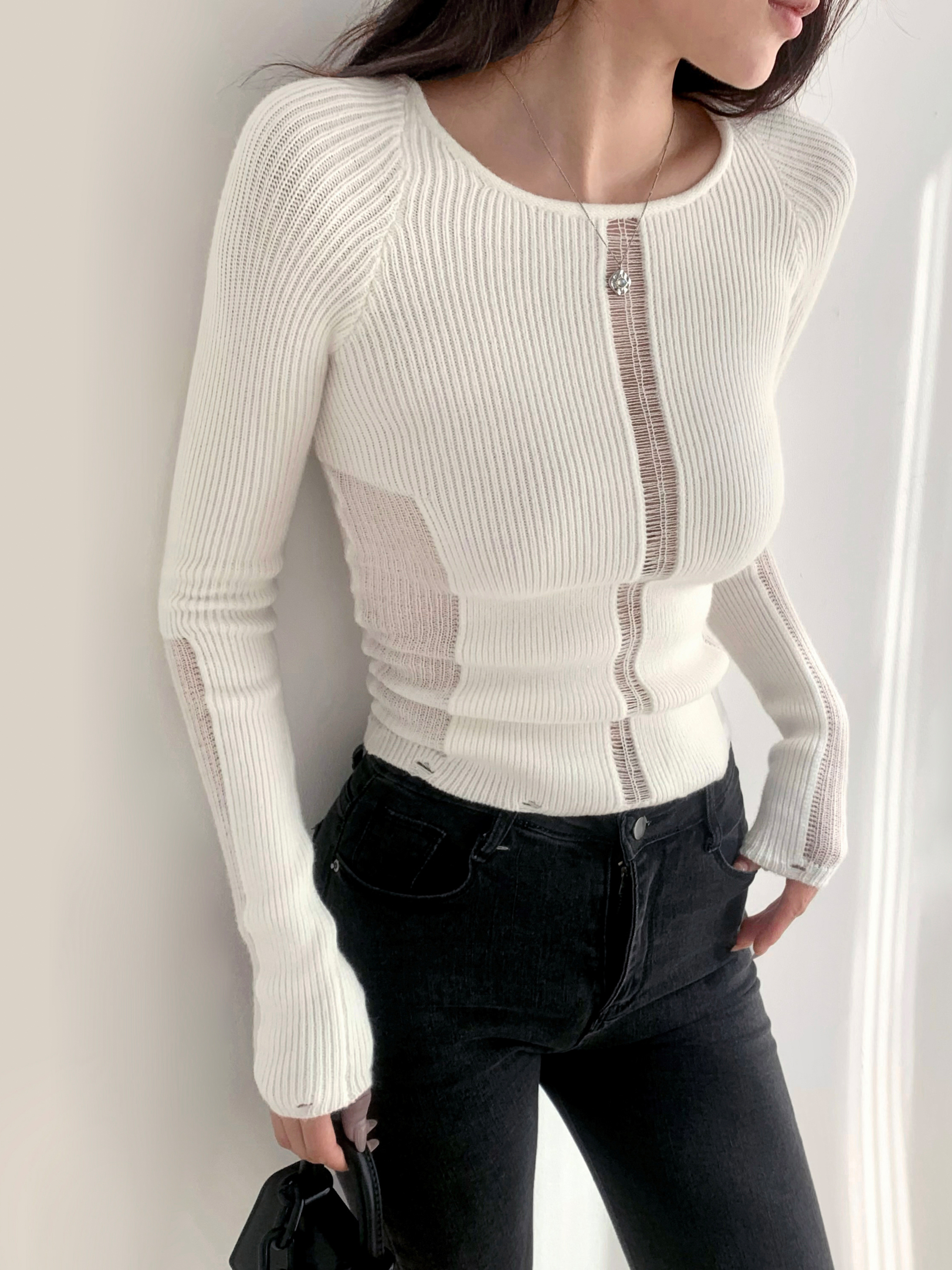 French Round Neck Hollow Out Ribbed Slim Fit Long Sleeve Knitted Top - Sexy Y2K Style Base Layer for Effortless Chic Looks