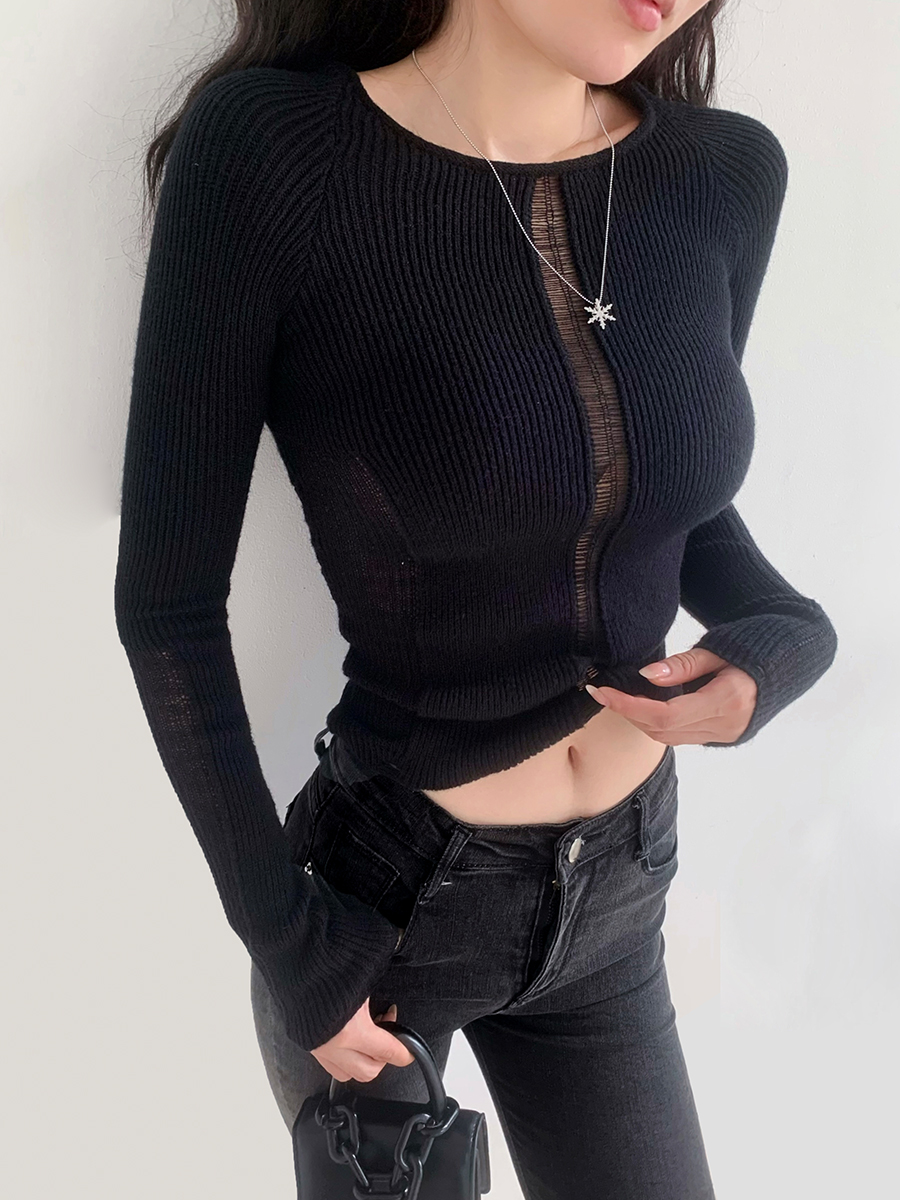 French Round Neck Hollow Out Ribbed Slim Fit Long Sleeve Knitted Top - Sexy Y2K Style Base Layer for Effortless Chic Looks French Round Neck Hollow Out Ribbed Slim Fit Long Sleeve Knitted Top - Sexy Y2K Style Base Layer for Effortless Chic Looks