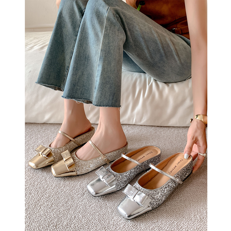 French Sequined Bow Square-Toe High-Heeled Mary Jane Slippers with Matching Skirt - Elegant Womenâ€™s Fashion