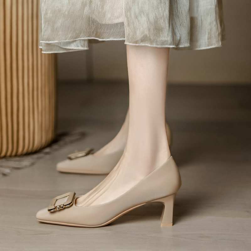 French Square-Toed High Heels for Women - Chunky Retro Mid-Heel Work Shoes, Versatile Commuting Fashion Footwear