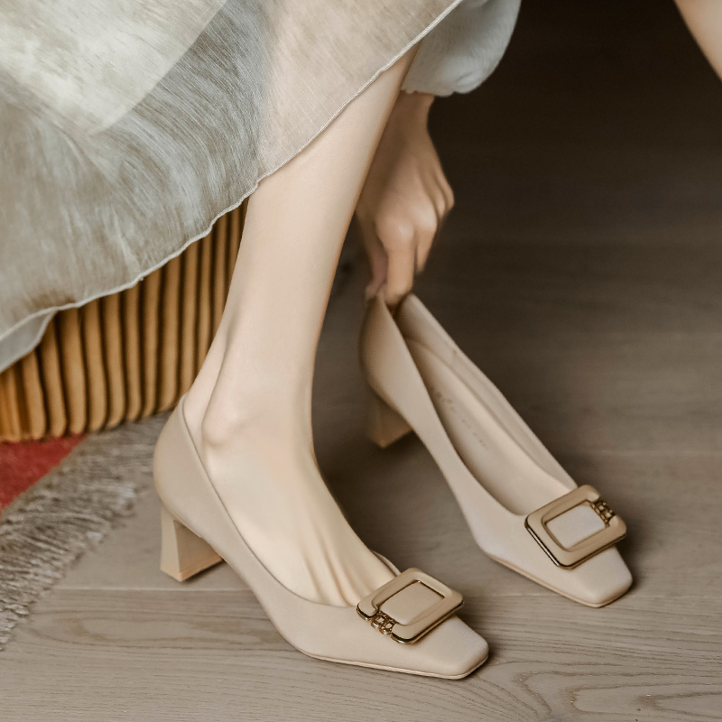 French Square-Toed High Heels for Women - Chunky Retro Mid-Heel Work Shoes, Versatile Commuting Fashion Footwear