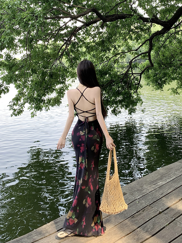 French-Style Backless Tie V-Neck Spaghetti Strap Dress for Women - Sexy Printed Summer Beach Vacation Maxi Dress