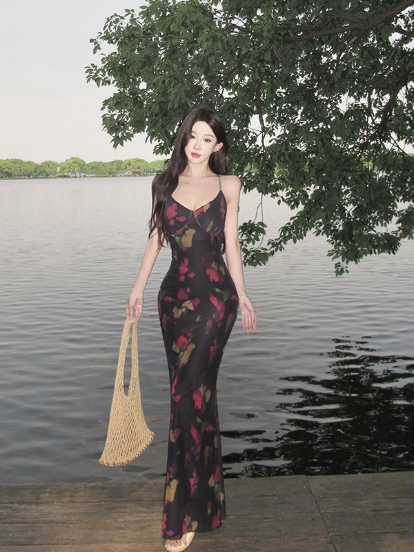 French-Style Backless Tie V-Neck Spaghetti Strap Dress for Women - Sexy Printed Summer Beach Vacation Maxi Dress French-Style Backless Tie V-Neck Spaghetti Strap Dress for Women - Sexy Printed Summer Beach Vacation Maxi Dress