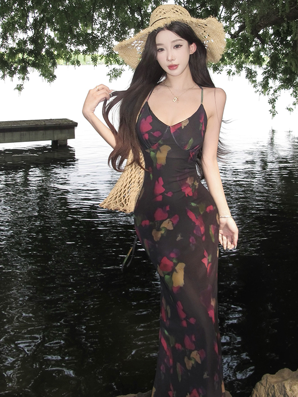 French-Style Backless Tie V-Neck Spaghetti Strap Dress for Women - Sexy Printed Summer Beach Vacation Maxi Dress