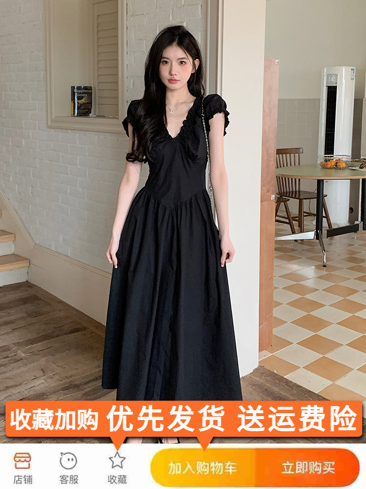 French-Style Black V-Neck Dress for Women - Summer 2025, Waist-Cinching, High-End Long Dress, Unique Fashion Statement French-Style Black V-Neck Dress for Women - Summer 2025, Waist-Cinching, High-End Long Dress, Unique Fashion Statement