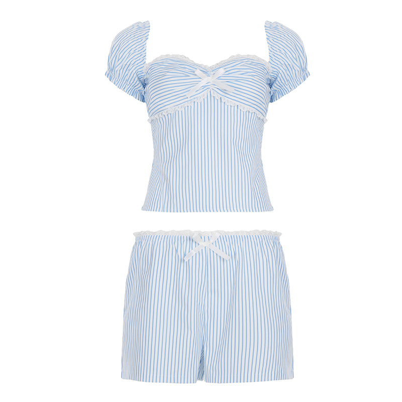 French Style Blue Striped One-Shoulder T-Shirt and Lace-Trimmed Wide-Leg Pants Two-Piece Set for Summer Fashion