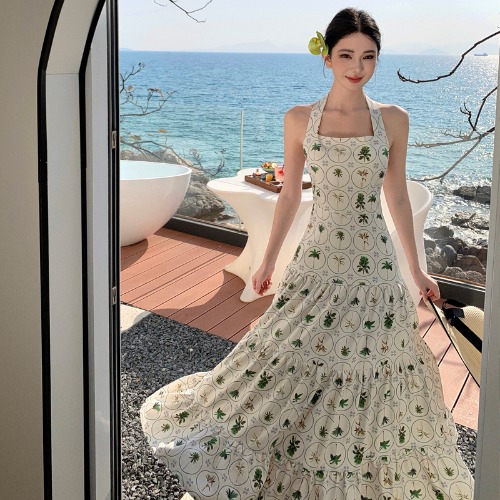 French-style Floral Backless Sleeveless Halter Dress for Women - Sweet Temperament Long Summer Vacation Dress