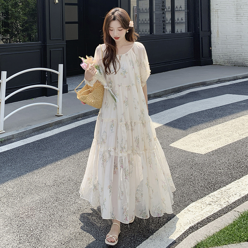 French-Style Floral Chiffon Dress for Women, Summer Five-Point Sleeve, Relaxed Fit, Unique Tea Break Design, Boho Chic Look