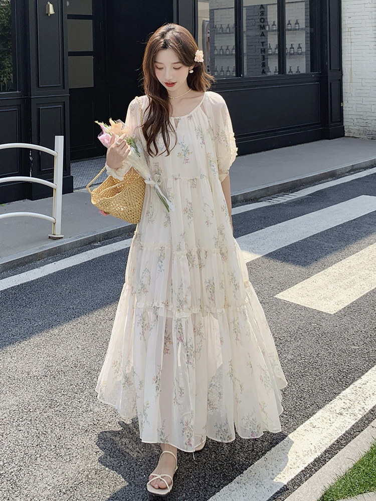 French-Style Floral Chiffon Dress for Women, Summer Five-Point Sleeve, Relaxed Fit, Unique Tea Break Design, Boho Chic Look