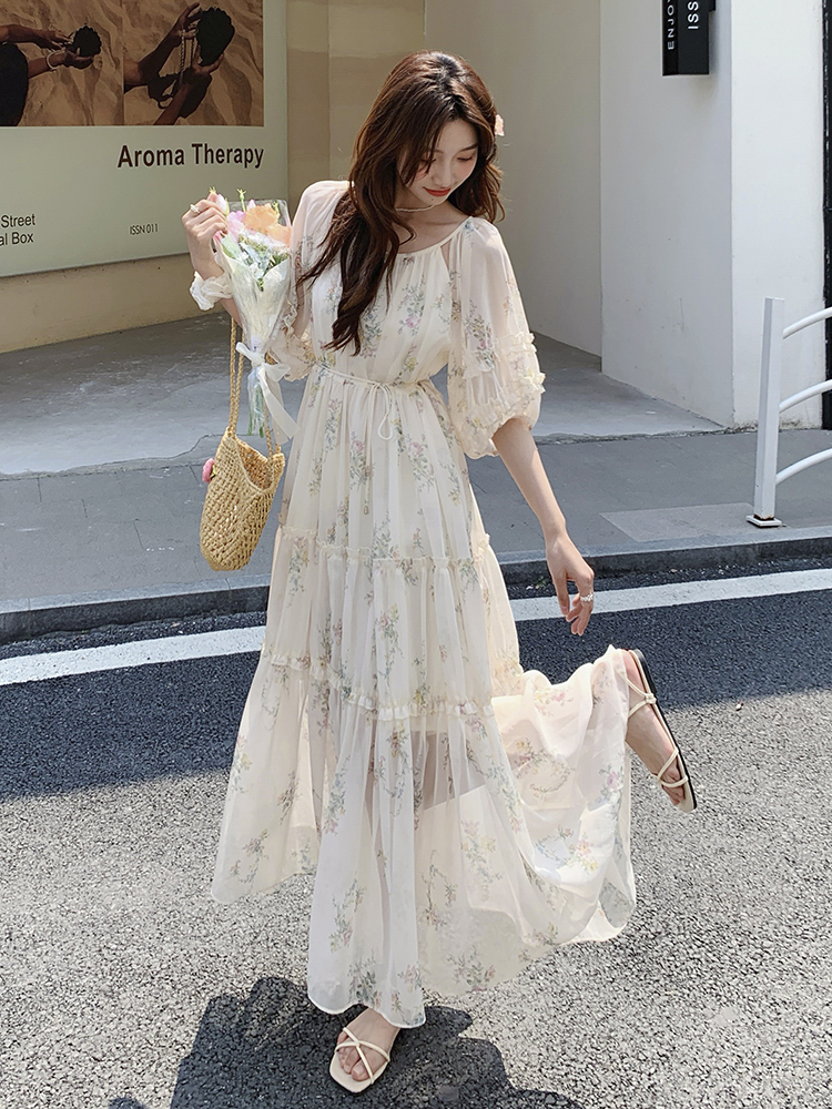 French-Style Floral Chiffon Dress for Women, Summer Five-Point Sleeve, Relaxed Fit, Unique Tea Break Design, Boho Chic Look French-Style Floral Chiffon Dress for Women, Summer Five-Point Sleeve, Relaxed Fit, Unique Tea Break Design, Boho Chic Look