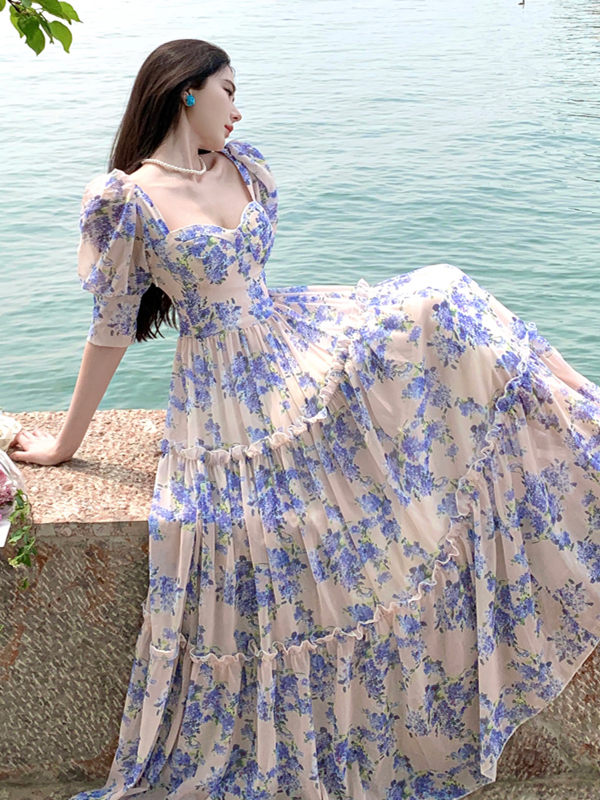 French-Style Floral Dress for Women - Fairy Princess Long Skirt for Summer Seaside Vacation, Perfect for Bali and Photo Shoots