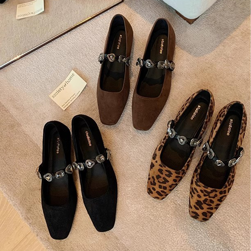 French-Style Genuine Leather Leopard Print Mary Jane Shoes with Heart-Shaped Rhinestones - Low-Heeled Square-Toe Flats for Autumn Fashion