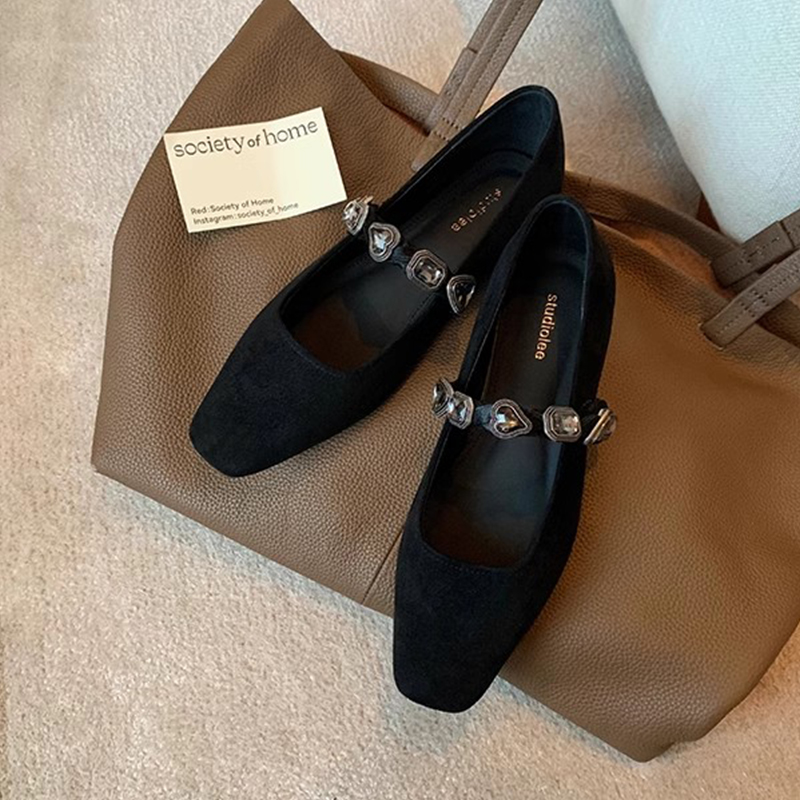 French-Style Genuine Leather Leopard Print Mary Jane Shoes with Heart-Shaped Rhinestones - Low-Heeled Square-Toe Flats for Autumn Fashion