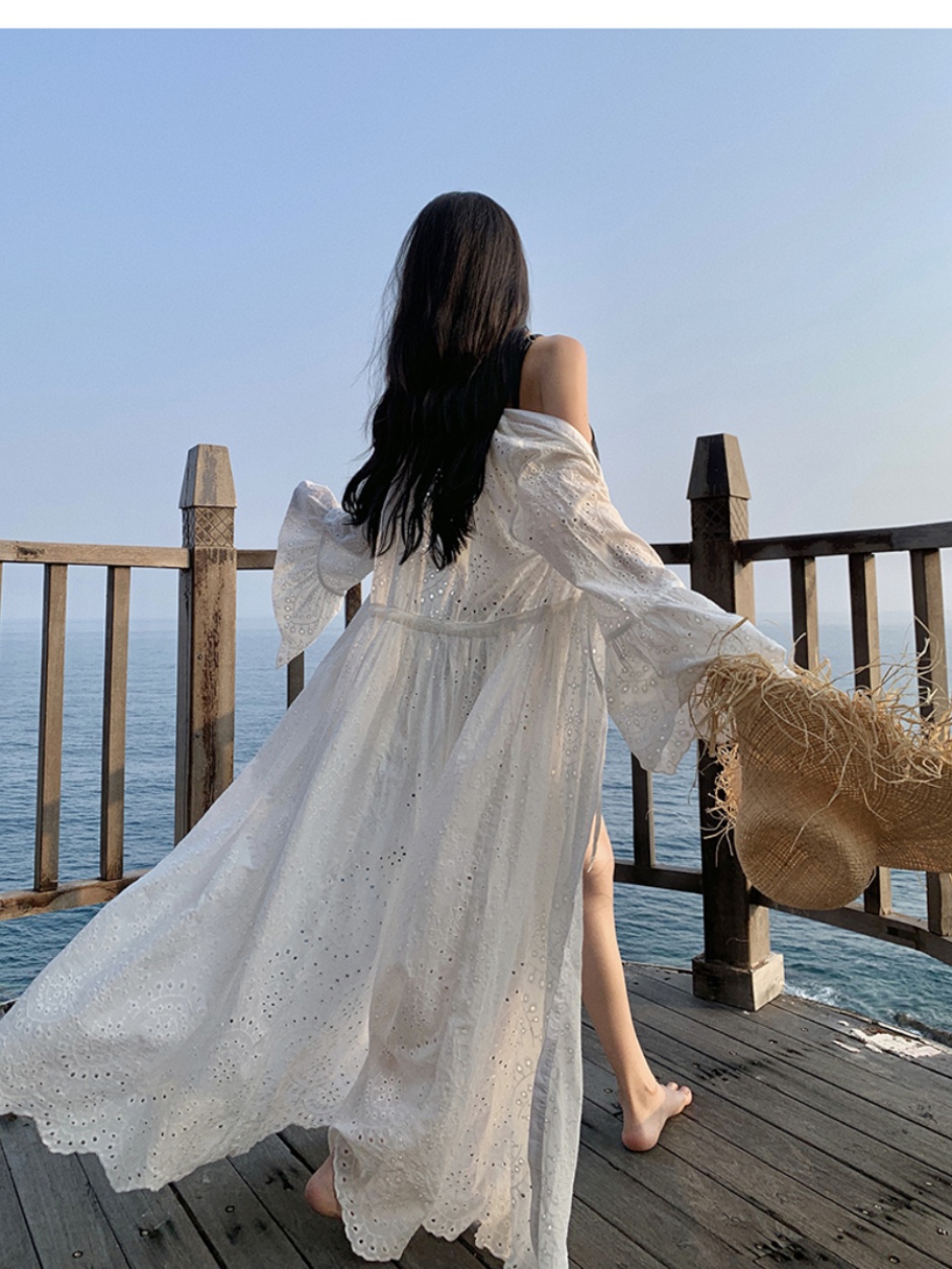 French-Style Heavy Embroidery Hollowed-Out Bell Sleeve Cardigan for Women - White Super Fairy Dress for Seaside Vacation French-Style Heavy Embroidery Hollowed-Out Bell Sleeve Cardigan for Women - White Super Fairy Dress for Seaside Vacation
