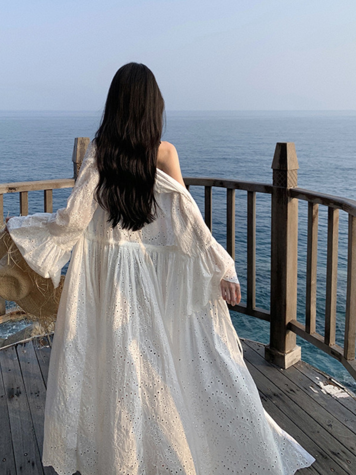 French-Style Heavy Embroidery Hollowed-Out Bell Sleeve Cardigan for Women - White Super Fairy Dress for Seaside Vacation