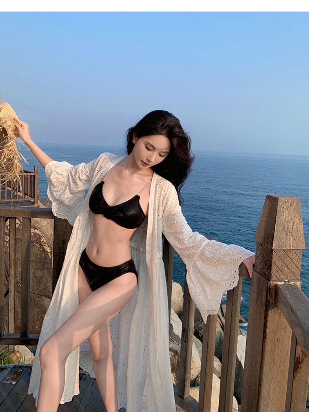 French-Style Heavy Embroidery Hollowed-Out Bell Sleeve Cardigan for Women - White Super Fairy Dress for Seaside Vacation