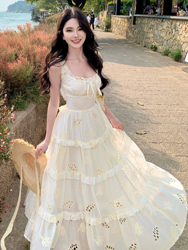 French-Style Hollow Design Camisole Dress for Women - Seaside Vacation Fairy Dress with Pure Desire Temperament