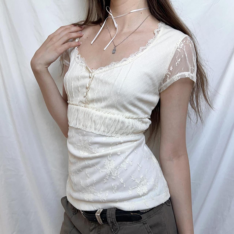 French Style Lace Jacquard Square-Neck Short Sleeve T-Shirt - Versatile Slim-Fit Elegant Top for Effortless Y2K Chic French Style Lace Jacquard Square-Neck Short Sleeve T-Shirt - Versatile Slim-Fit Elegant Top for Effortless Y2K Chic