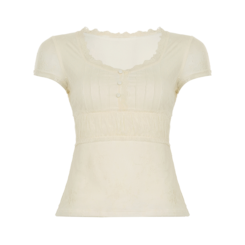 French Style Lace Jacquard Square-Neck Short Sleeve T-Shirt - Versatile Slim-Fit Elegant Top for Effortless Y2K Chic