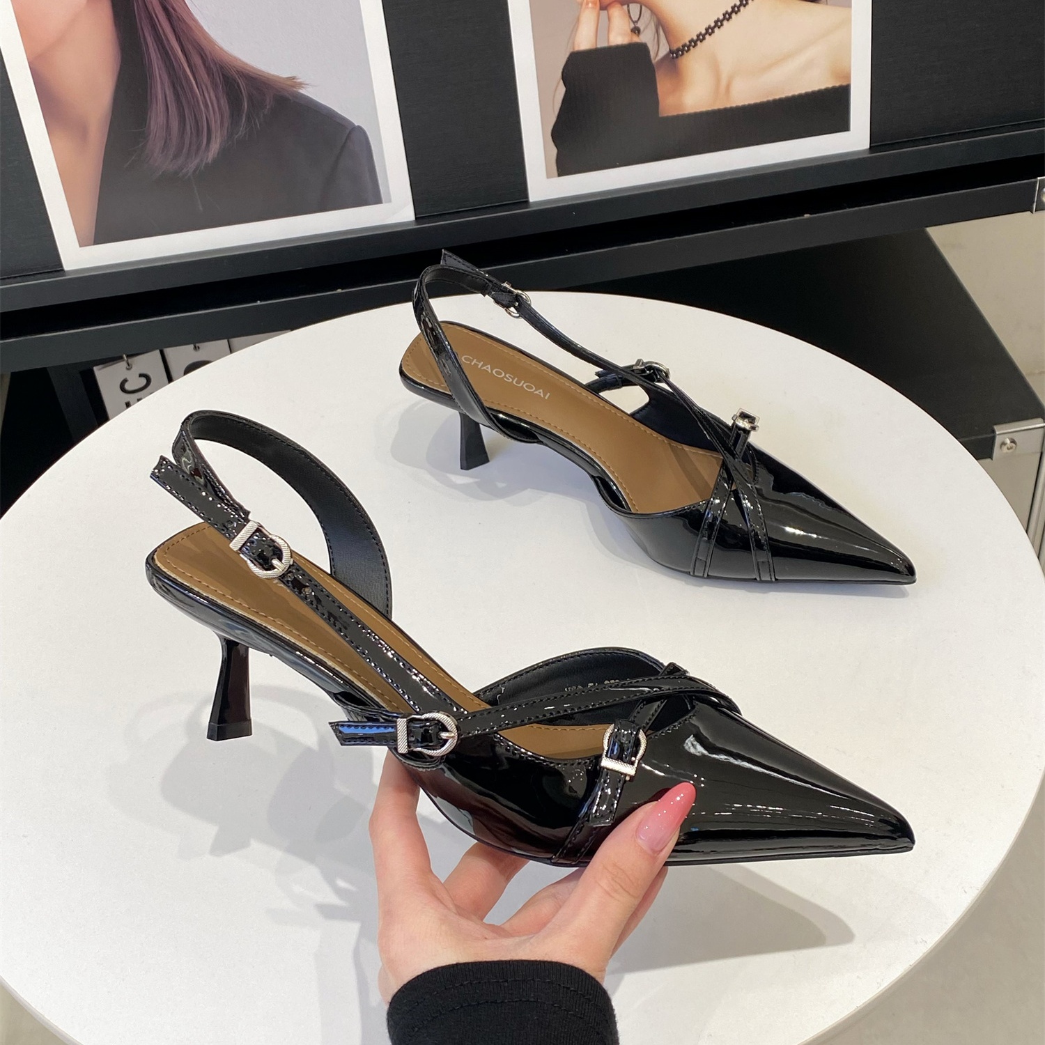 French-Style Patent Leather Sandals for Women - 2025 Summer Pointed Toe Thin Heel One-Strap High Heels for Versatile Looks