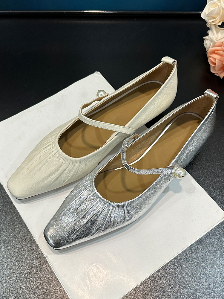 French-Style Pleated Square-Toe One-Strap Low-Heeled Mary Jane Shoes - Spring Autumn Wedge Silver Genuine Leather Flats for Women