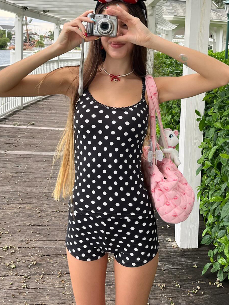 French-Style Polka Dot Leisure Set for Women - Lace Round Neck Camisole & Fitted Shorts, Casual Home Outfit French-Style Polka Dot Leisure Set for Women - Lace Round Neck Camisole & Fitted Shorts, Casual Home Outfit