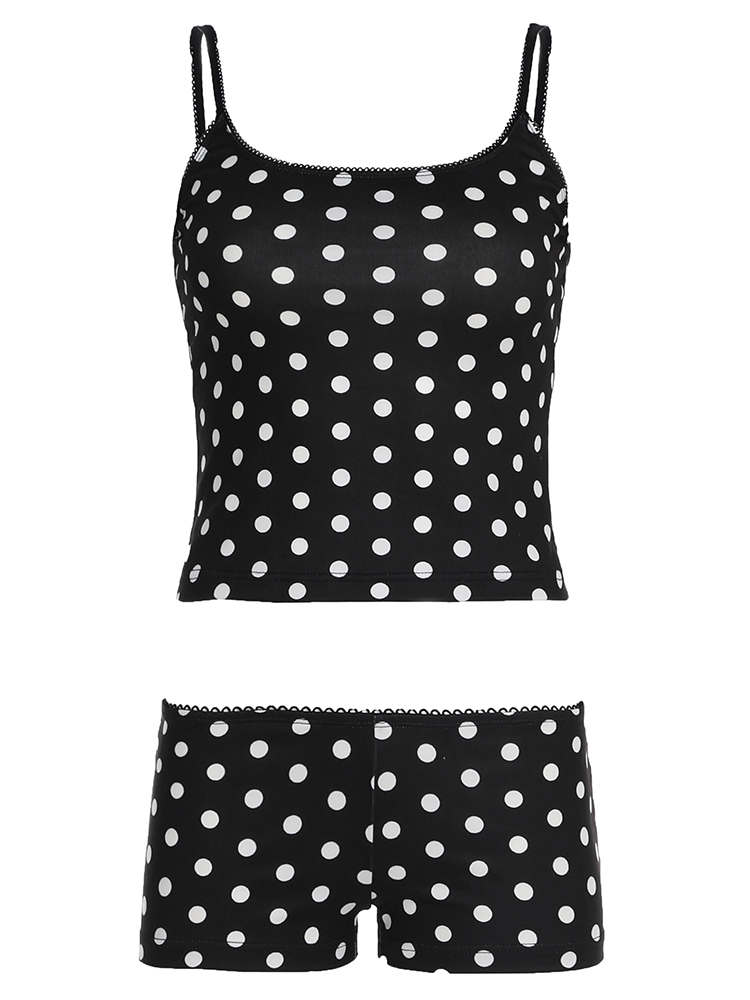 French-Style Polka Dot Leisure Set for Women - Lace Round Neck Camisole & Fitted Shorts, Casual Home Outfit French-Style Polka Dot Leisure Set for Women - Lace Round Neck Camisole & Fitted Shorts, Casual Home Outfit