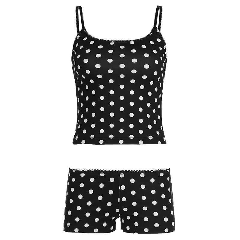 French-Style Polka Dot Leisure Set for Women - Lace Round Neck Camisole & Fitted Shorts, Casual Home Outfit