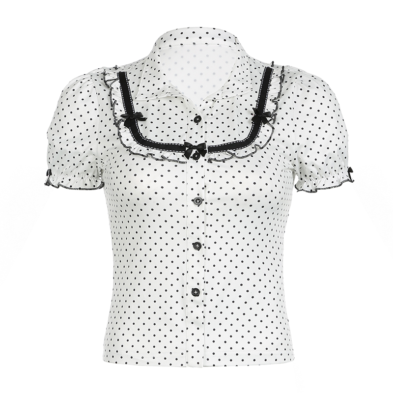 French-Style Polka Dot Print Polo Collar Shirt with Bow Tie, Slim Fit Puff Sleeve Top for Summer, Versatile Fashion Essential