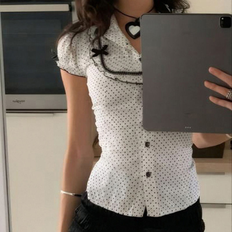 French-Style Polka Dot Print Polo Collar Shirt with Bow Tie, Slim Fit Puff Sleeve Top for Summer, Versatile Fashion Essential