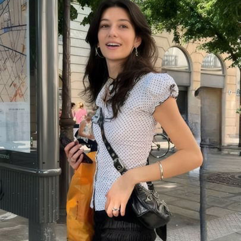 French-Style Polka Dot Print Polo Collar Shirt with Bow Tie, Slim Fit Puff Sleeve Top for Summer, Versatile Fashion Essential French-Style Polka Dot Print Polo Collar Shirt with Bow Tie, Slim Fit Puff Sleeve Top for Summer, Versatile Fashion Essential