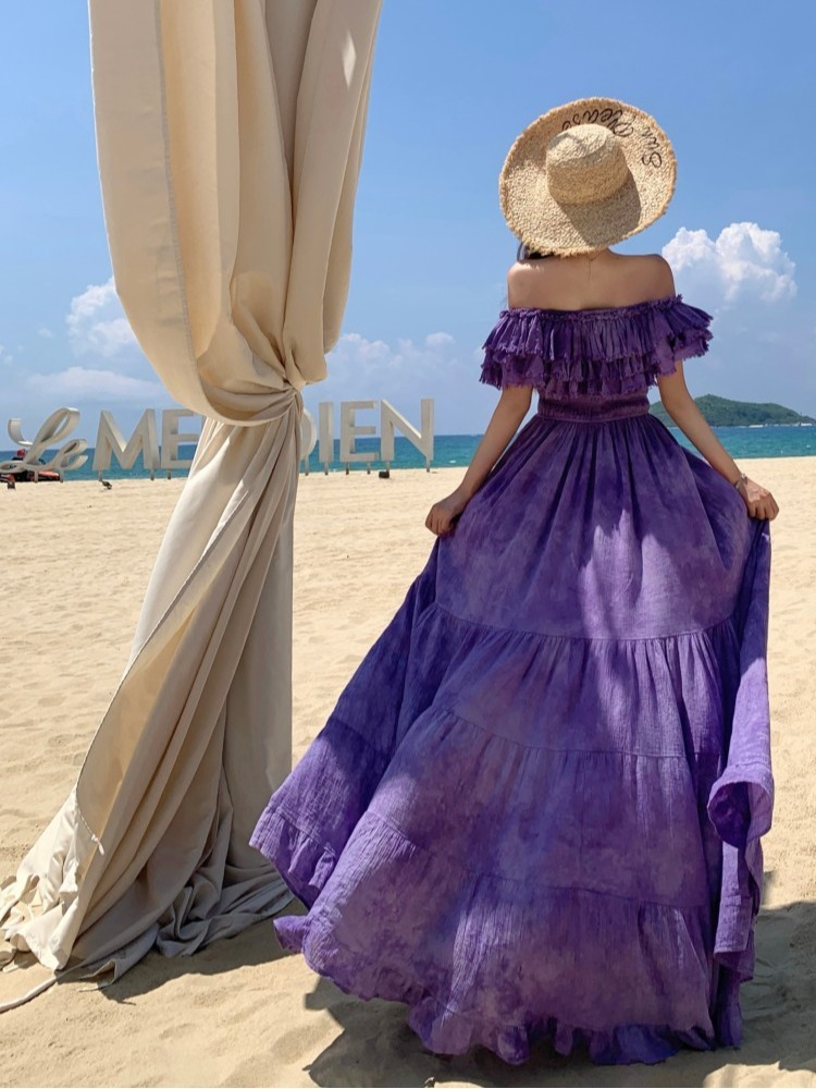 French-Style Purple Tie-Dye Ruffled One-Shoulder Dress for Women, Frayed Swing Long Skirt for Y2K Vacation Style French-Style Purple Tie-Dye Ruffled One-Shoulder Dress for Women, Frayed Swing Long Skirt for Y2K Vacation Style