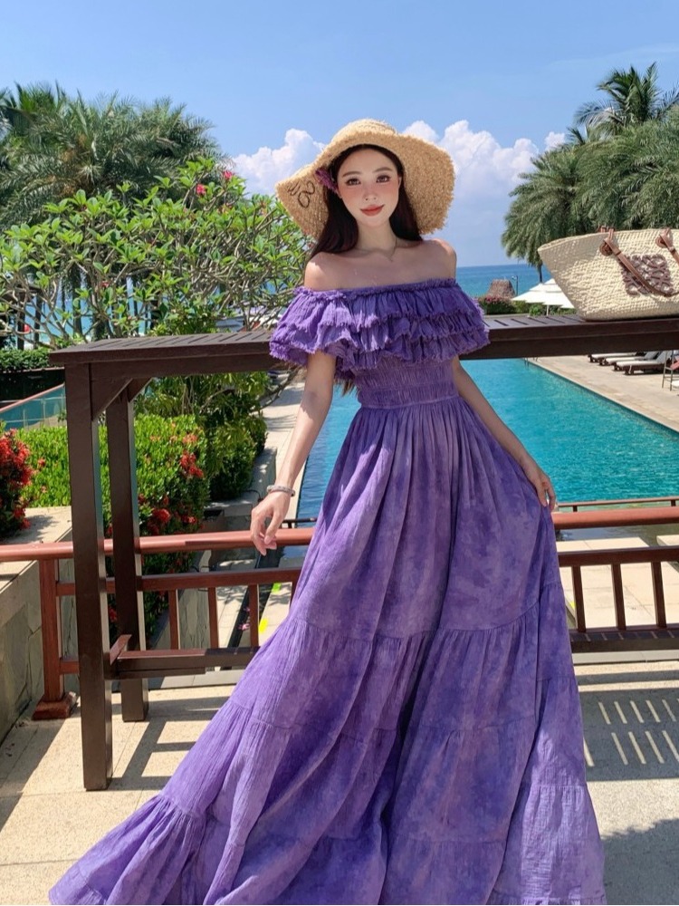 French-Style Purple Tie-Dye Ruffled One-Shoulder Dress for Women, Frayed Swing Long Skirt for Y2K Vacation Style French-Style Purple Tie-Dye Ruffled One-Shoulder Dress for Women, Frayed Swing Long Skirt for Y2K Vacation Style
