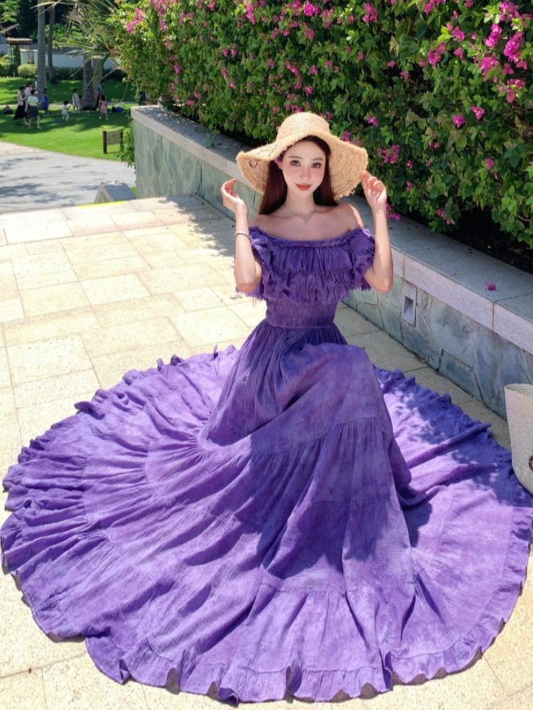 French-Style Purple Tie-Dye Ruffled One-Shoulder Dress for Women, Frayed Swing Long Skirt for Y2K Vacation Style