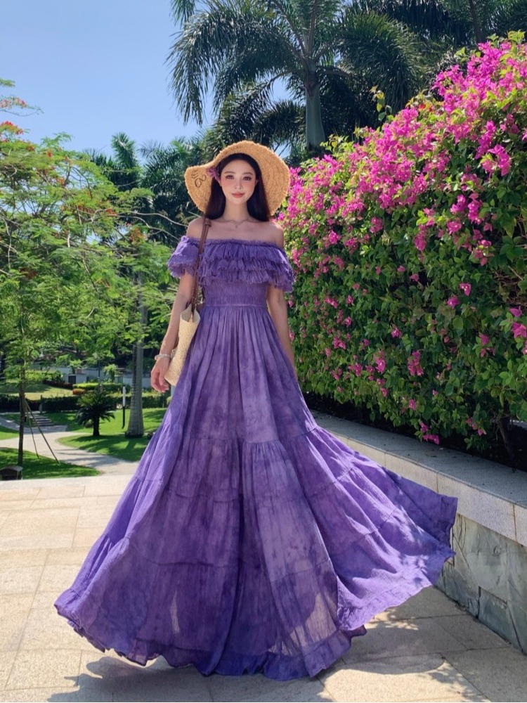 French-Style Purple Tie-Dye Ruffled One-Shoulder Dress for Women, Frayed Swing Long Skirt for Y2K Vacation Style