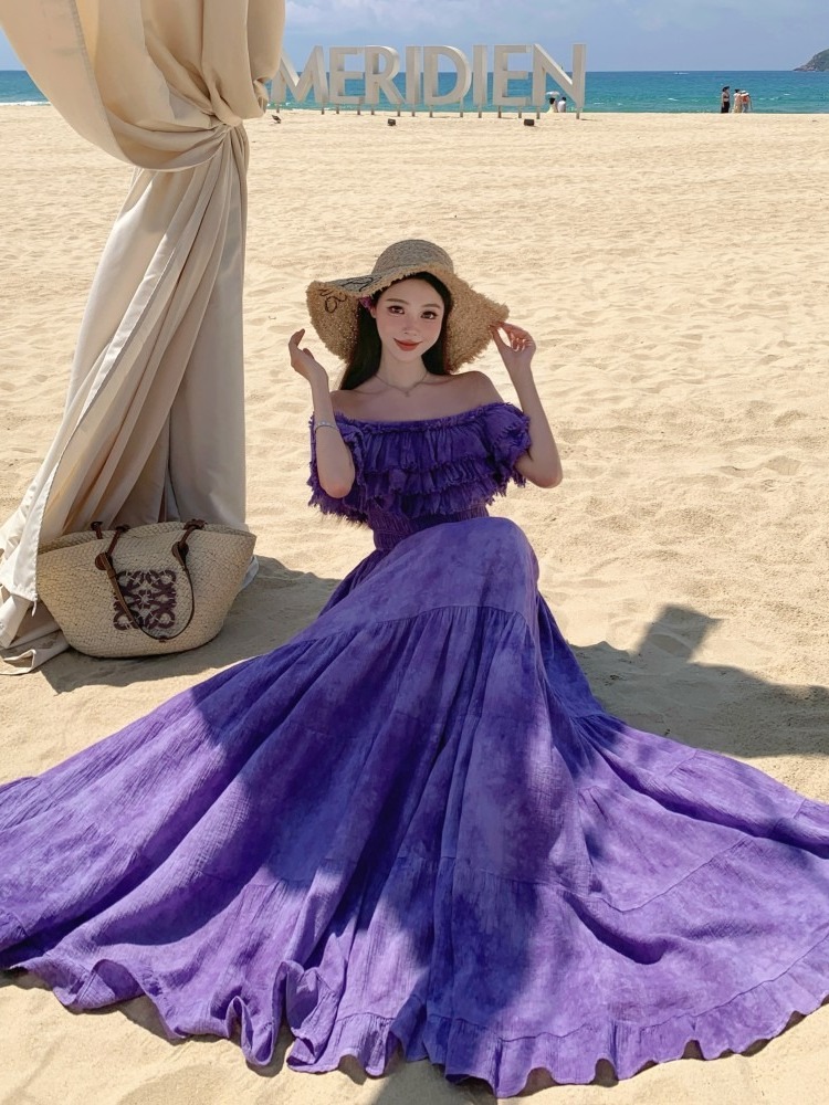 French-Style Purple Tie-Dye Ruffled One-Shoulder Dress for Women, Frayed Swing Long Skirt for Y2K Vacation Style French-Style Purple Tie-Dye Ruffled One-Shoulder Dress for Women, Frayed Swing Long Skirt for Y2K Vacation Style