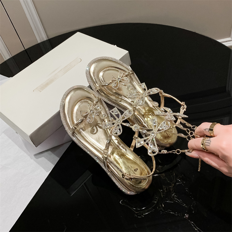 French-Style Rhinestone Bow Ultra-Soft Non-Fatigue Wedge Mid-Heel Sandals for Women - Summer Outdoor Fashion with Skirts