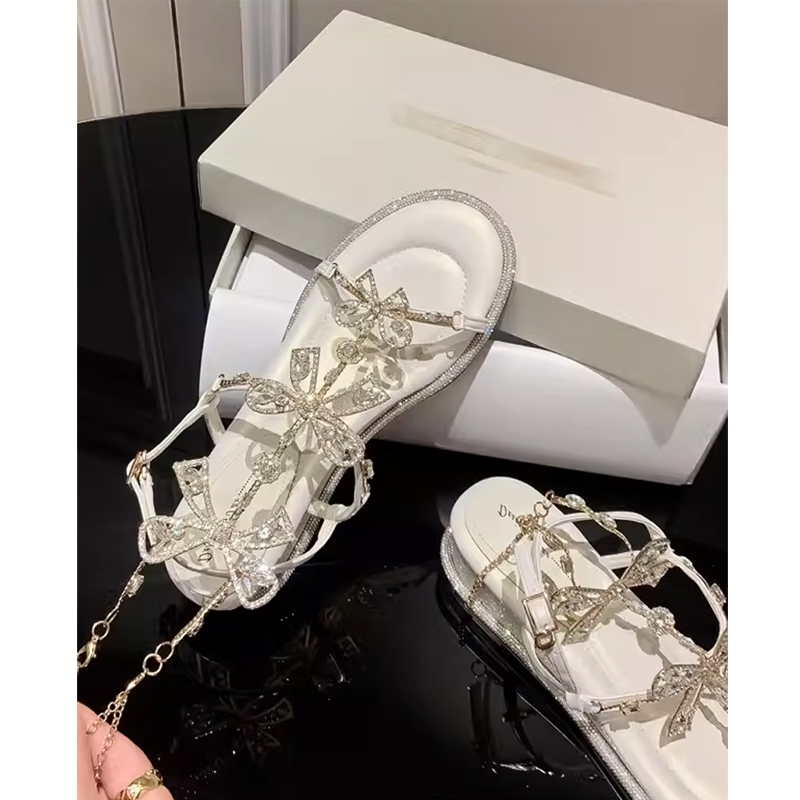 French-Style Rhinestone Bow Ultra-Soft Non-Fatigue Wedge Mid-Heel Sandals for Women - Summer Outdoor Fashion with Skirts